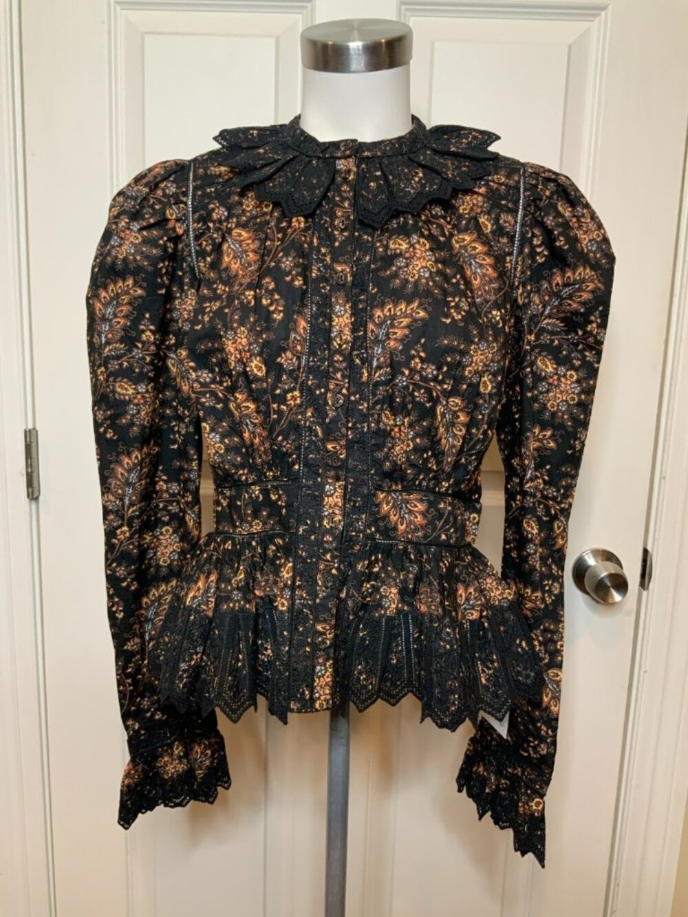 Ulla Johnson Handmade Black Floral Pattern Button-Up Blouse W/ Lace Trim, Size 4